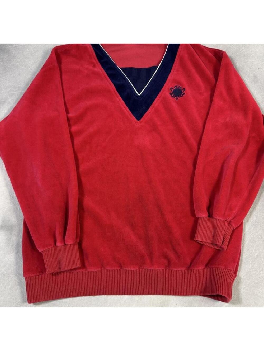 Vintage 80s Aileen Made in USA Red Navy V Neck Preppy Sweatshirt Medium